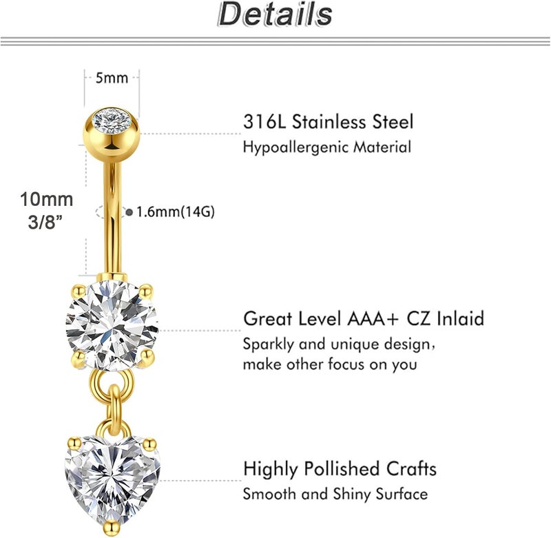 QWALIT Belly Button Rings 14G Surgical Steel Belly Rings CZ Opal Navel Piercing Jewelry for Women Girls 3/8" 10mm Silver Rose Gold - Image 2